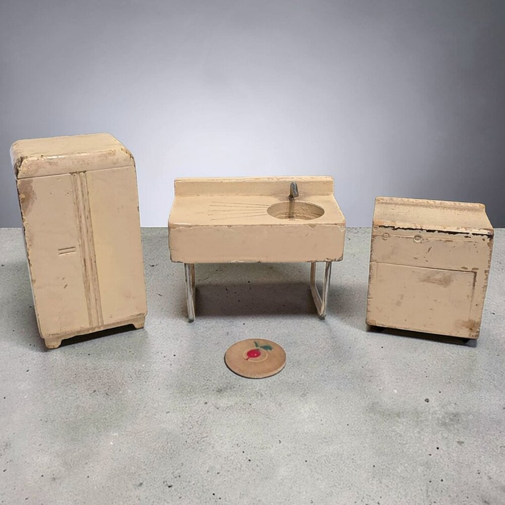 Vintage Miniature Wooden Kitchen Sink Fridge Stove Doll House MCM Rustic Toys